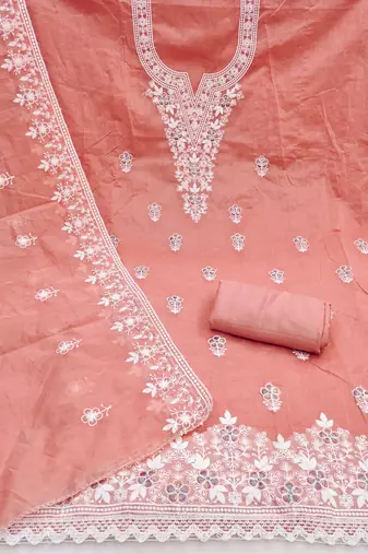 peach unstitched thread embroidery with embroidered dupatta chanderi dress material
