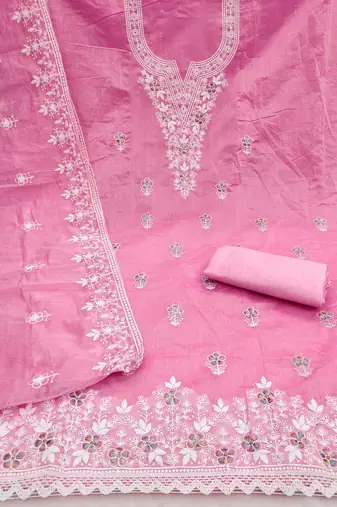 pink unstitched thread embroidery with embroidered dupatta chanderi dress material