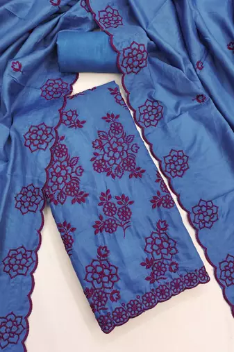 teal blue unstitched thread embroidery with embroidered dupatta parampara silk blend dress material