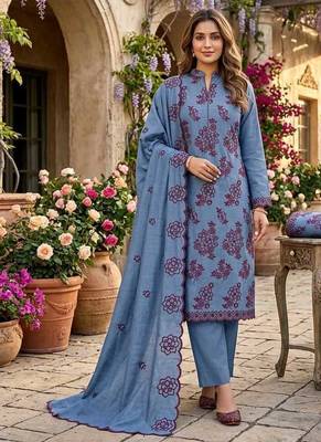 teal blue unstitched thread embroidery with embroidered dupatta parampara silk blend dress material 4