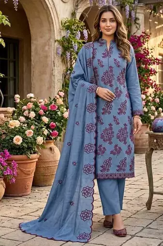 teal blue unstitched thread embroidery with embroidered dupatta parampara silk blend dress material