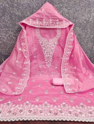 pink unstitched thread embroidery with embroidered dupatta chanderi dress material 3