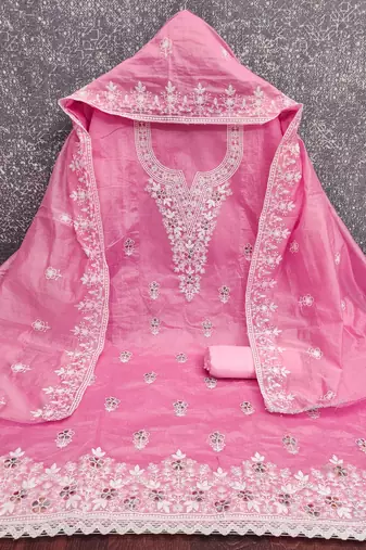 pink unstitched thread embroidery with embroidered dupatta chanderi dress material