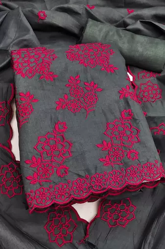 grey unstitched thread embroidery with embroidered dupatta parampara silk blend dress material