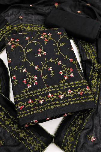 black unstitched thread embroidery with embroidered dupatta cambric dress material
