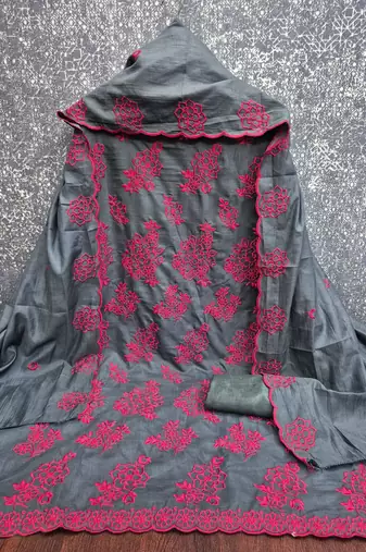 grey unstitched thread embroidery with embroidered dupatta parampara silk blend dress material