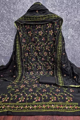 black unstitched thread embroidery with embroidered dupatta cambric dress material