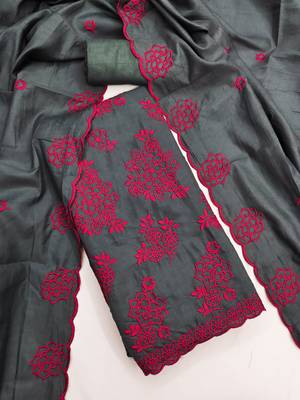 grey unstitched thread embroidery with embroidered dupatta parampara silk blend dress material 3