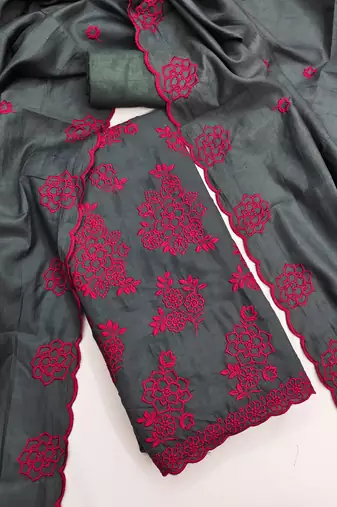 grey unstitched thread embroidery with embroidered dupatta parampara silk blend dress material