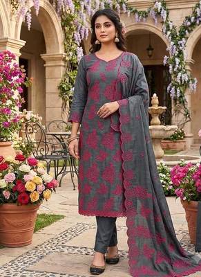 grey unstitched thread embroidery with embroidered dupatta parampara silk blend dress material 4