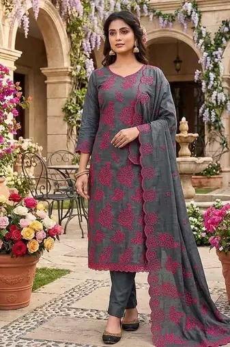 grey unstitched thread embroidery with embroidered dupatta parampara silk blend dress material