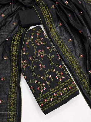 black unstitched thread embroidery with embroidered dupatta cambric dress material 3