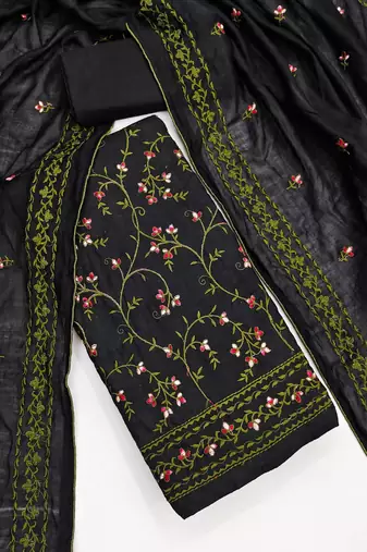 black unstitched thread embroidery with embroidered dupatta cambric dress material