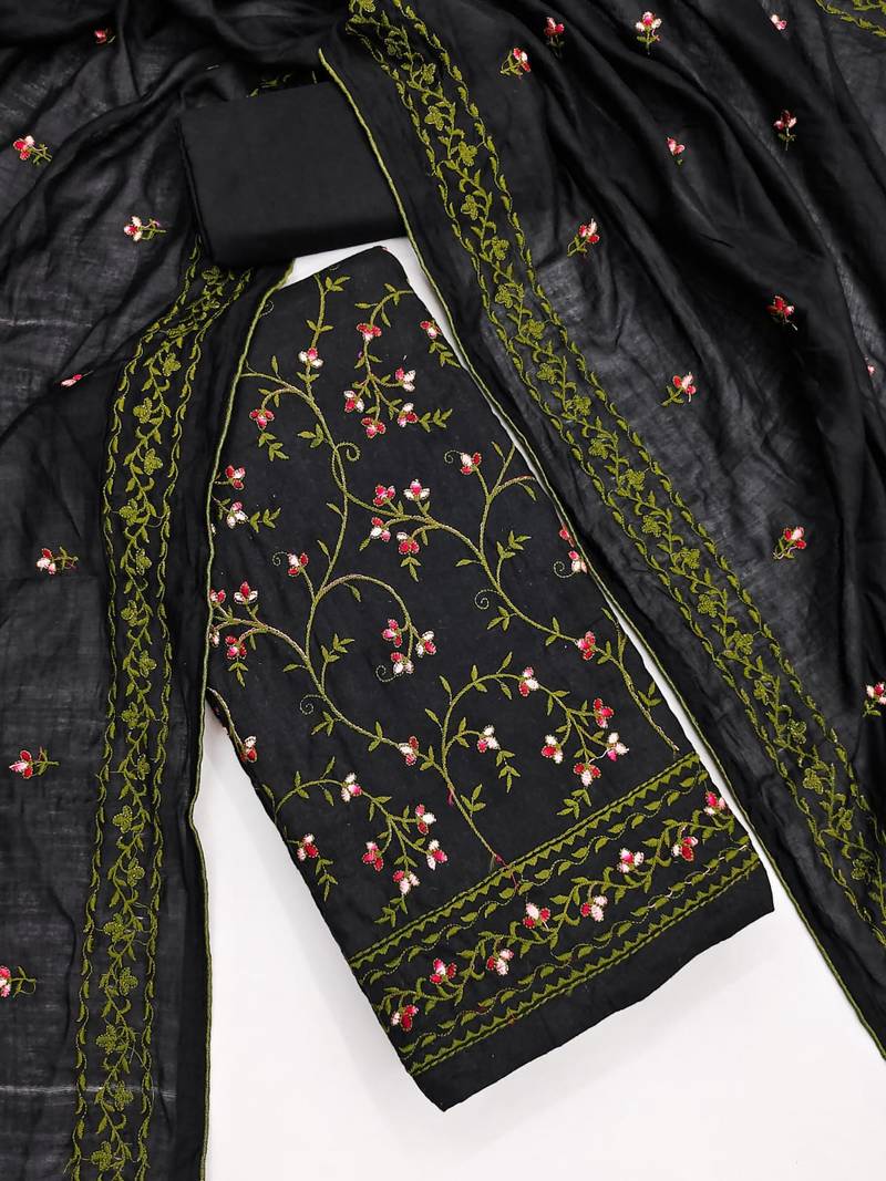 black unstitched thread embroidery with embroidered dupatta cambric dress material