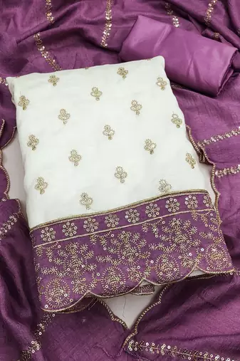 white unstitched embroidery with embroidered dupatta vichitra silk blend dress material