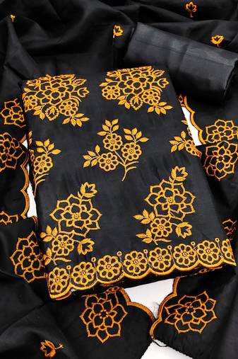 black unstitched thread embroidery with embroidered dupatta parampara silk blend dress material