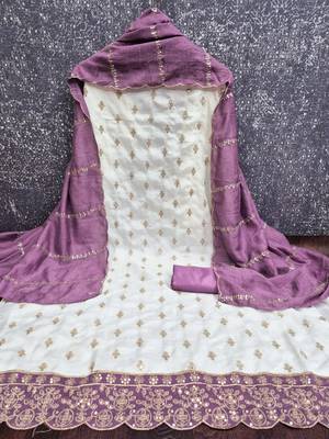 white unstitched embroidery with embroidered dupatta vichitra silk blend dress material 2