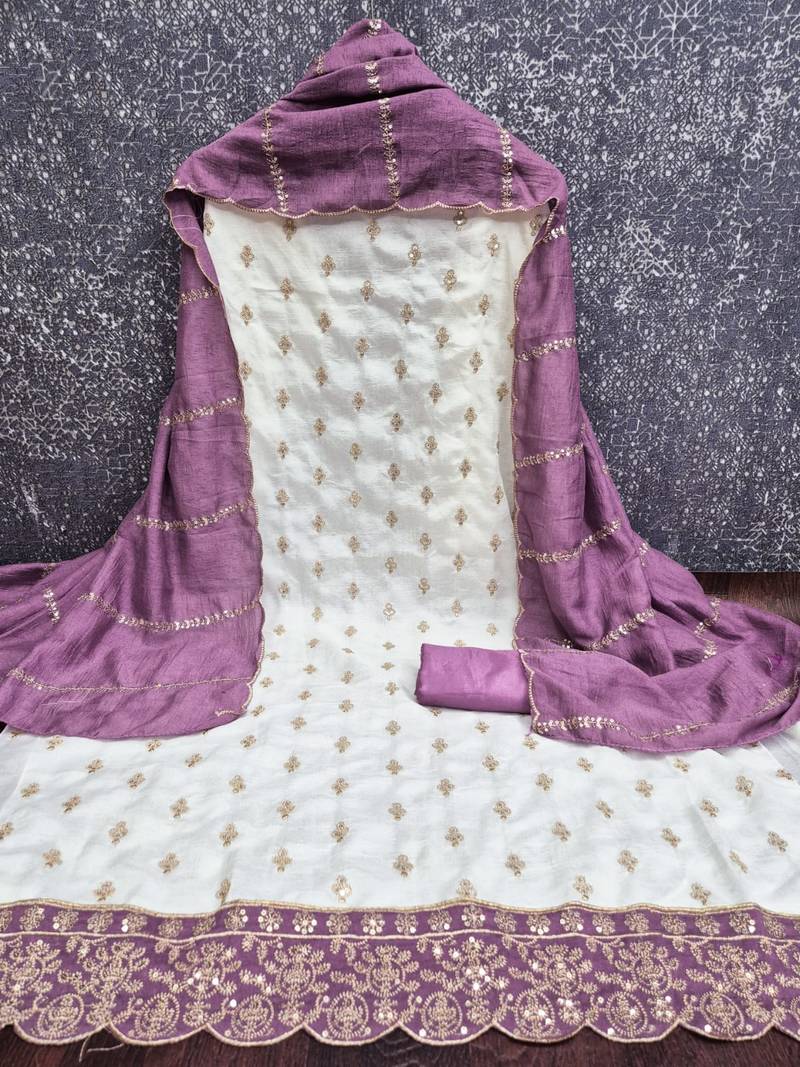 white unstitched embroidery with embroidered dupatta vichitra silk blend dress material