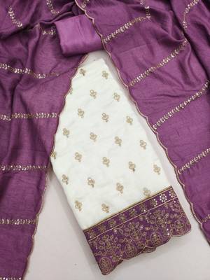 white unstitched embroidery with embroidered dupatta vichitra silk blend dress material 3
