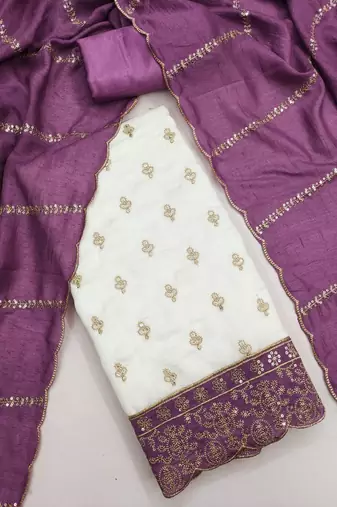 white unstitched embroidery with embroidered dupatta vichitra silk blend dress material