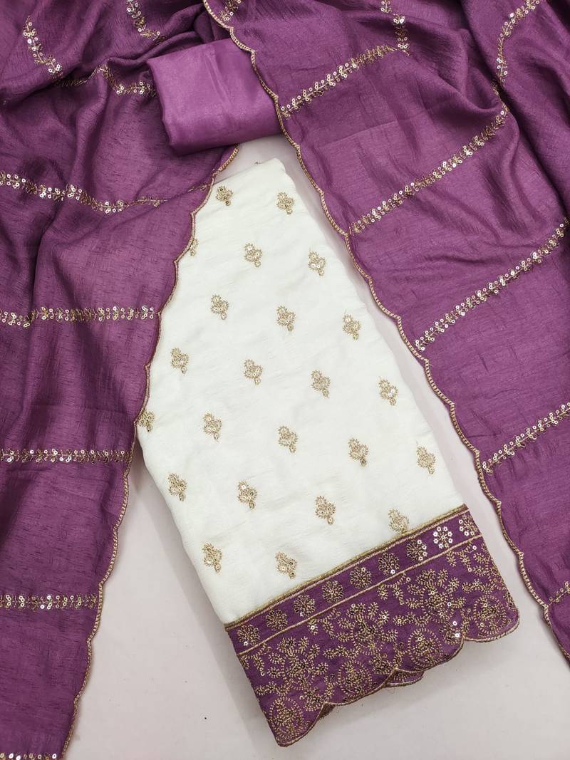 white unstitched embroidery with embroidered dupatta vichitra silk blend dress material