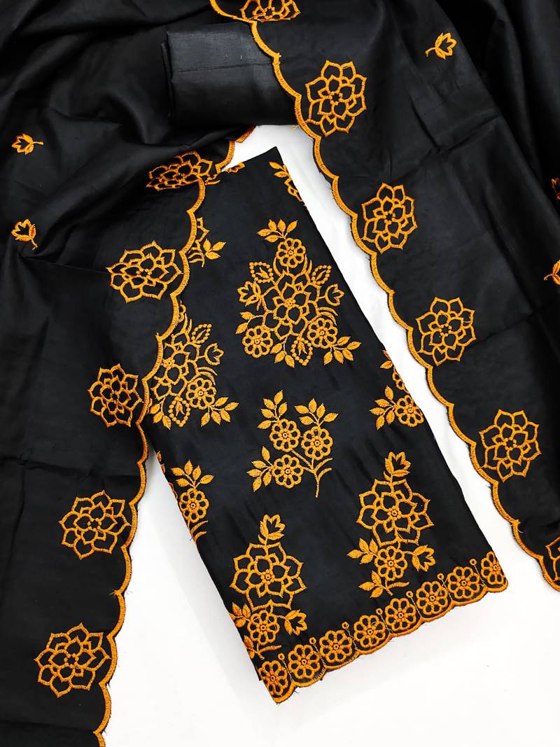 black unstitched thread embroidery with embroidered dupatta parampara silk blend dress material