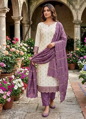 white unstitched embroidery with embroidered dupatta vichitra silk blend dress material 4