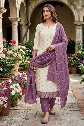 white unstitched embroidery with embroidered dupatta vichitra silk blend dress material