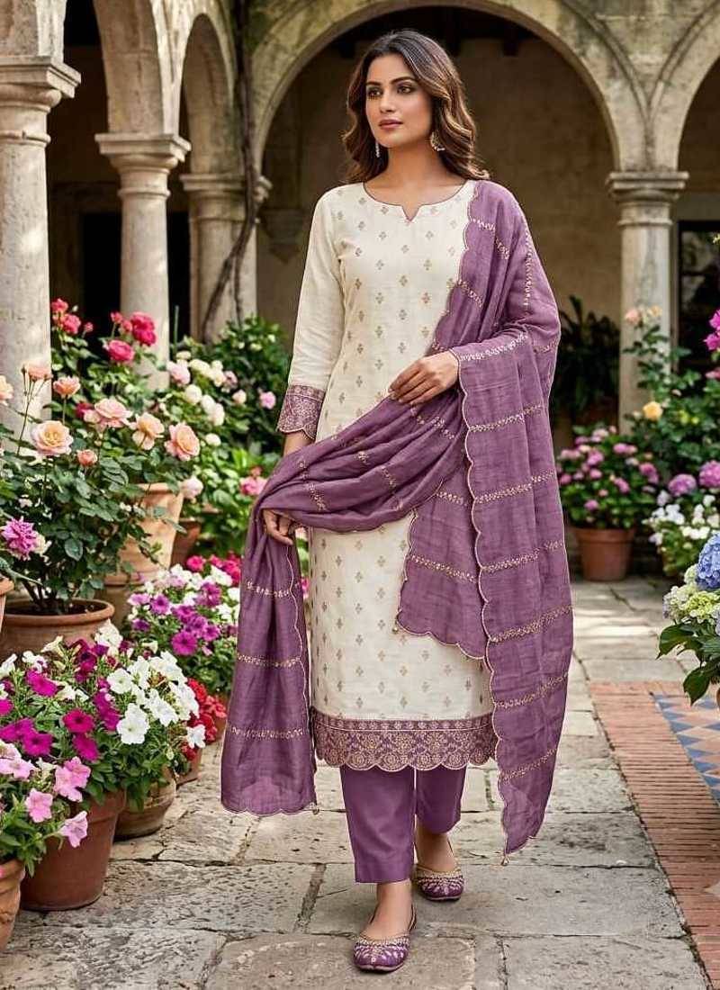 white unstitched embroidery with embroidered dupatta vichitra silk blend dress material