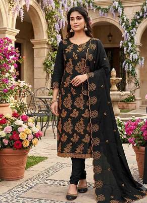 black unstitched thread embroidery with embroidered dupatta parampara silk blend dress material 4