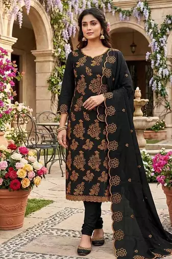 black unstitched thread embroidery with embroidered dupatta parampara silk blend dress material