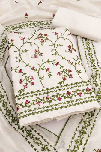 white unstitched thread embroidery with embroidered dupatta cambric dress material