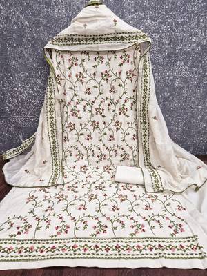 white unstitched thread embroidery with embroidered dupatta cambric dress material 2