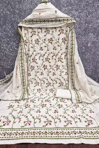 white unstitched thread embroidery with embroidered dupatta cambric dress material
