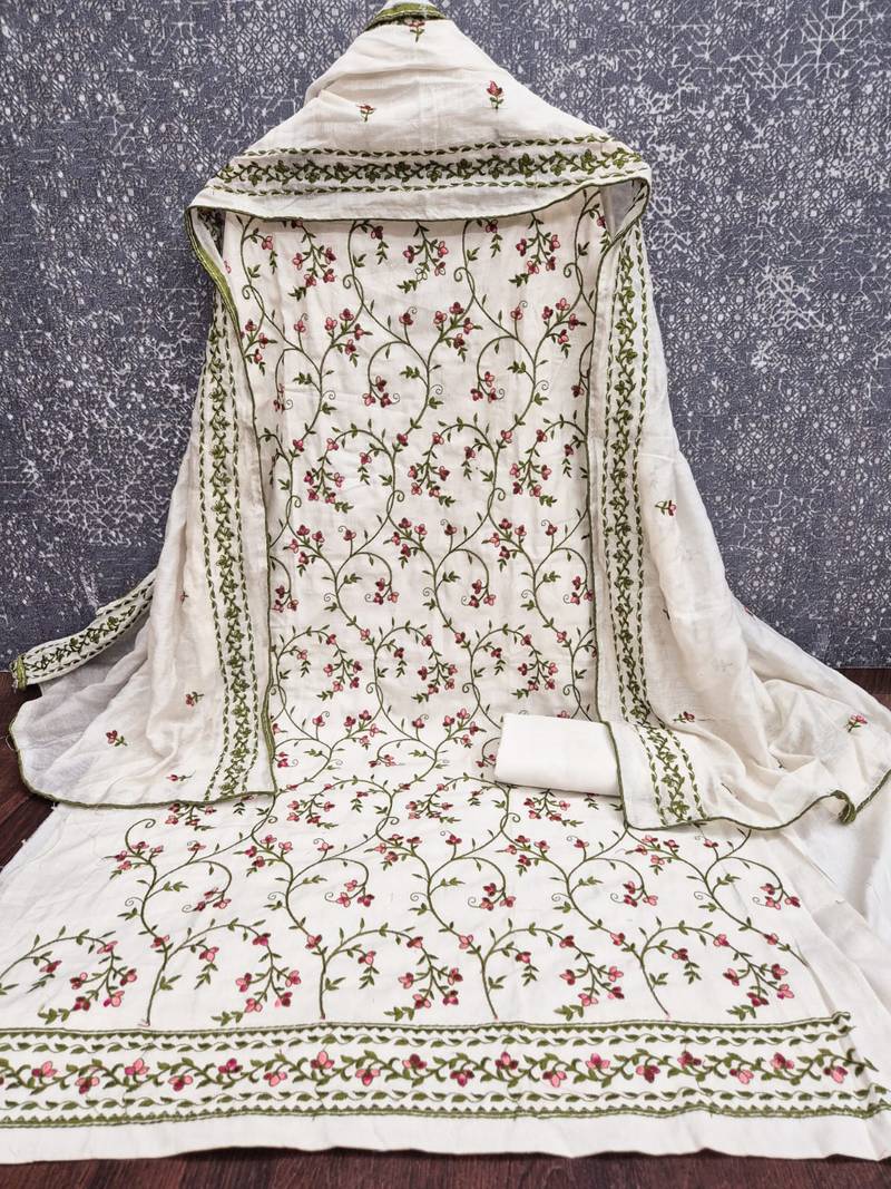 white unstitched thread embroidery with embroidered dupatta cambric dress material
