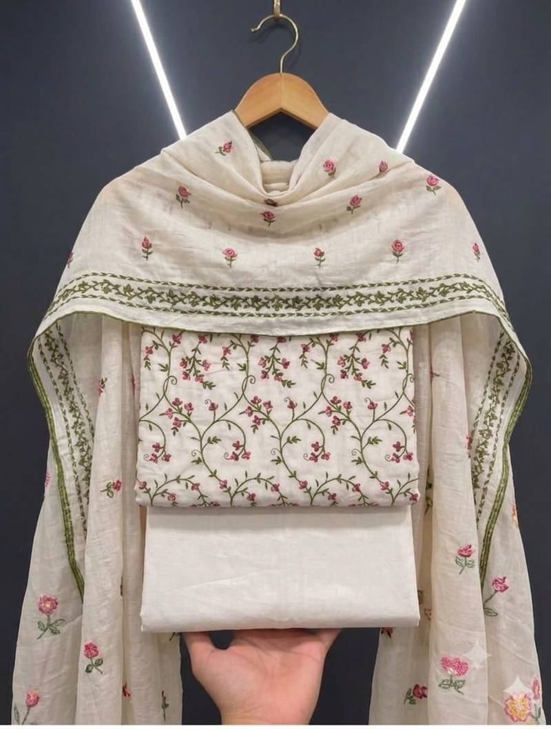 white unstitched thread embroidery with embroidered dupatta cambric dress material
