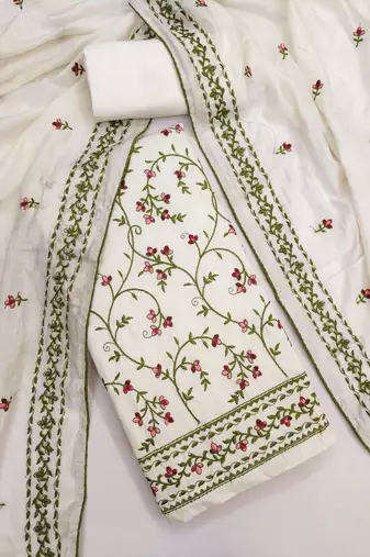 white unstitched thread embroidery with embroidered dupatta cambric dress material