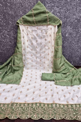 white unstitched embroidery with embroidered dupatta vichitra silk blend dress material
