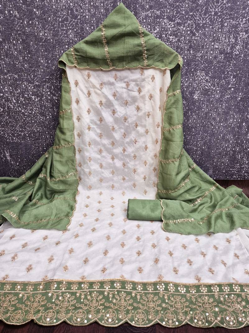 white unstitched embroidery with embroidered dupatta vichitra silk blend dress material
