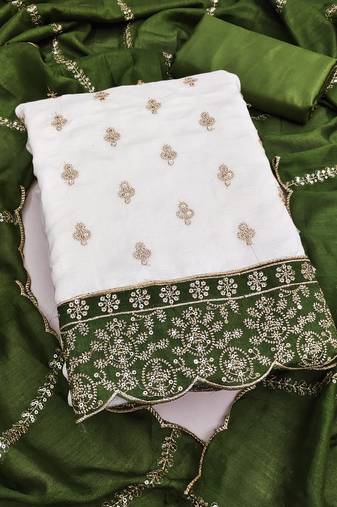 white unstitched embroidery with embroidered dupatta vichitra silk blend dress material