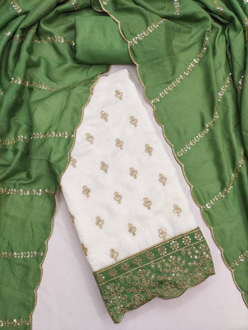 white unstitched embroidery with embroidered dupatta vichitra silk blend dress material
