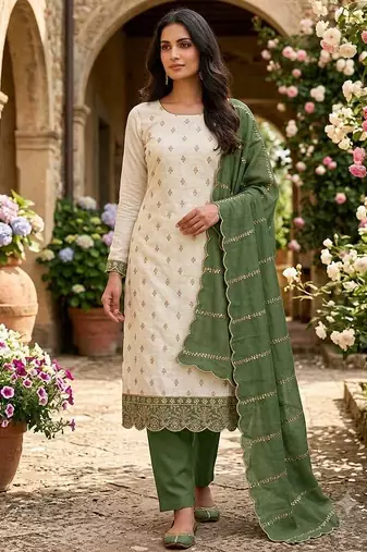 white unstitched embroidery with embroidered dupatta vichitra silk blend dress material