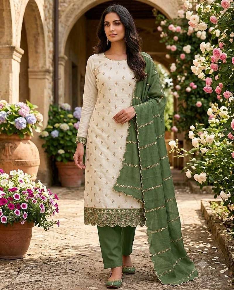 white unstitched embroidery with embroidered dupatta vichitra silk blend dress material
