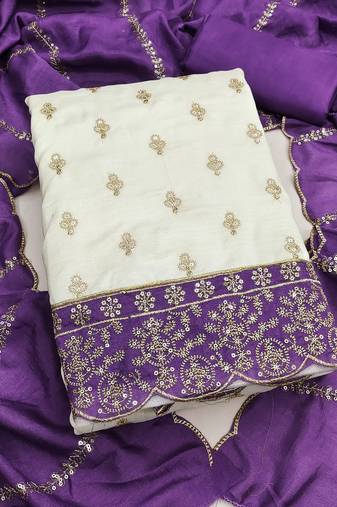 white unstitched embroidery with embroidered dupatta vichitra silk blend dress material