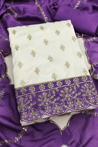 white unstitched embroidery with embroidered dupatta vichitra silk blend dress material