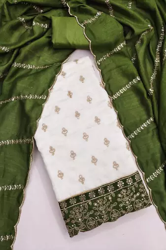 white unstitched embroidery with embroidered dupatta vichitra silk blend dress material