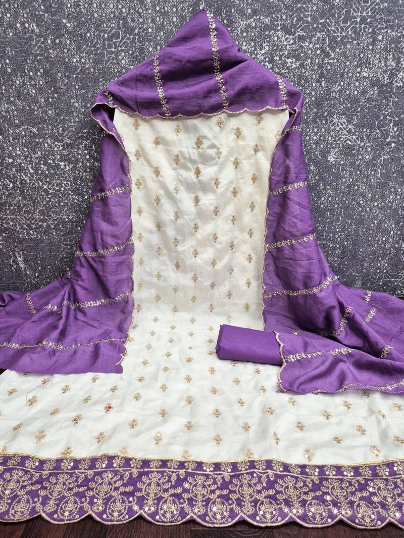 white unstitched embroidery with embroidered dupatta vichitra silk blend dress material