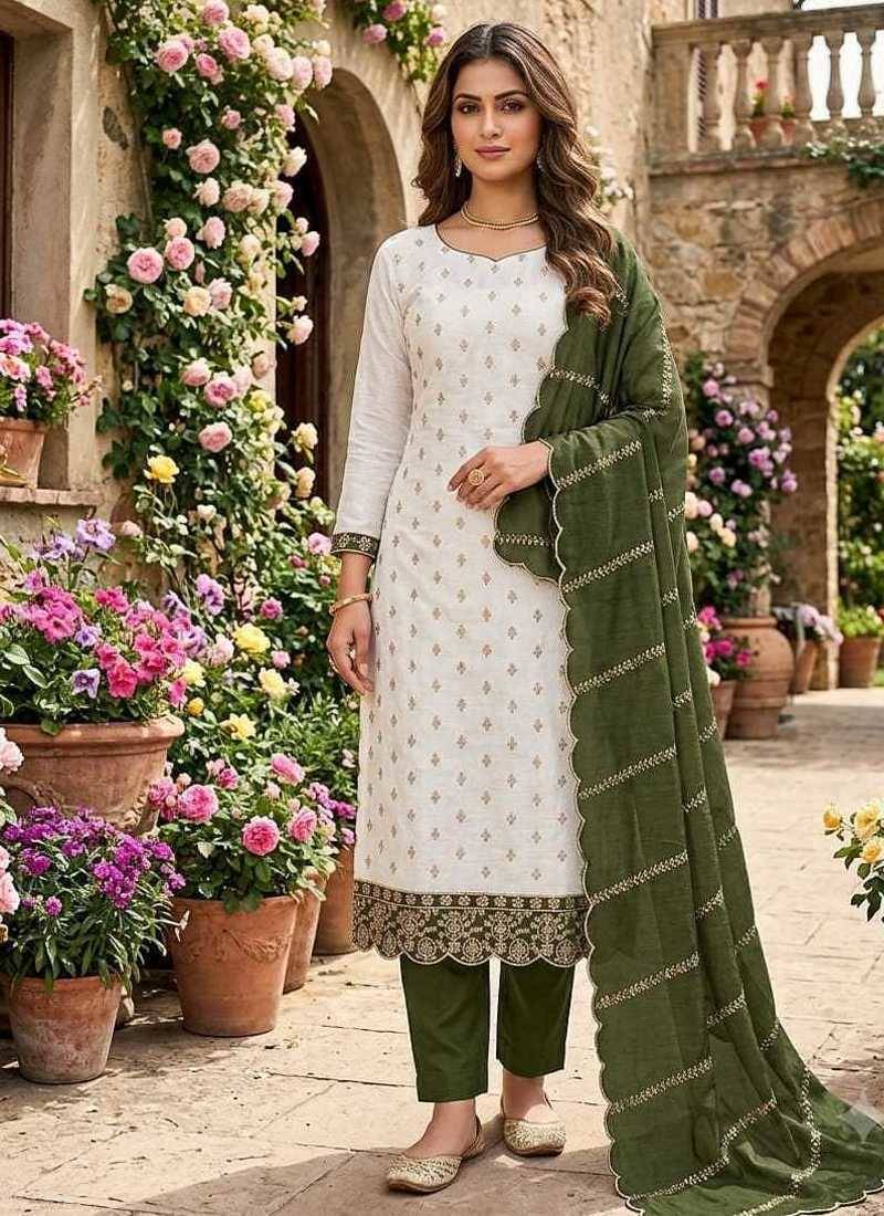 white unstitched embroidery with embroidered dupatta vichitra silk blend dress material