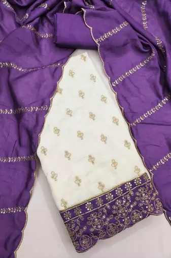 white unstitched embroidery with embroidered dupatta vichitra silk blend dress material