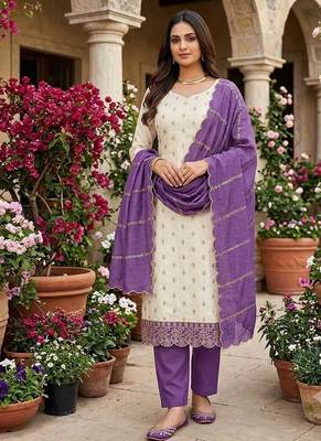 white unstitched embroidery with embroidered dupatta vichitra silk blend dress material 4